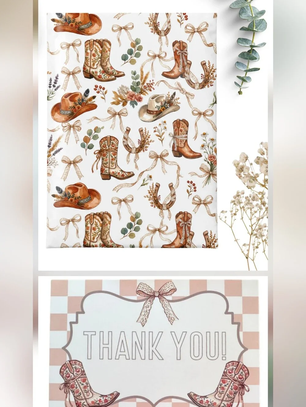 Poly Mailers (25) 10x13 & Thank You Card (25) 4x6 Set Cowgirl Hats & Boots  Bows